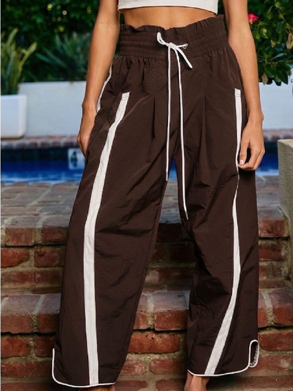 Brown Wide-Leg Track Pants with White Stripe